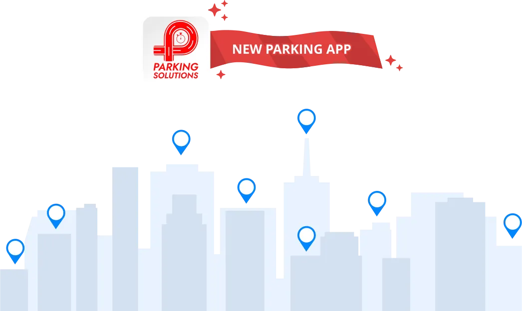 City skyline dotted with parking pins, with a New Parking App ribbon