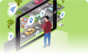 Illustration of a city street with connected parking bays on a tablet screen
