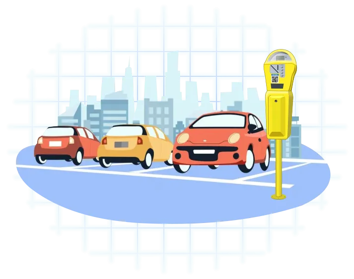 Illustration of cars parked in metered bays in front of a city skyline
