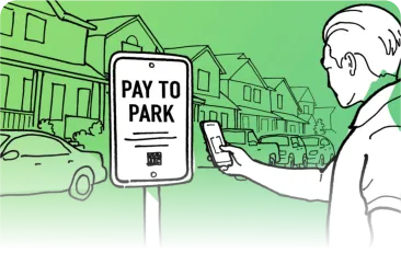 Illustration of a driver paying at a Pay To Park sign using a phone