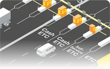 Illustration of vehicles passing through cash and electronic toll collection lanes
