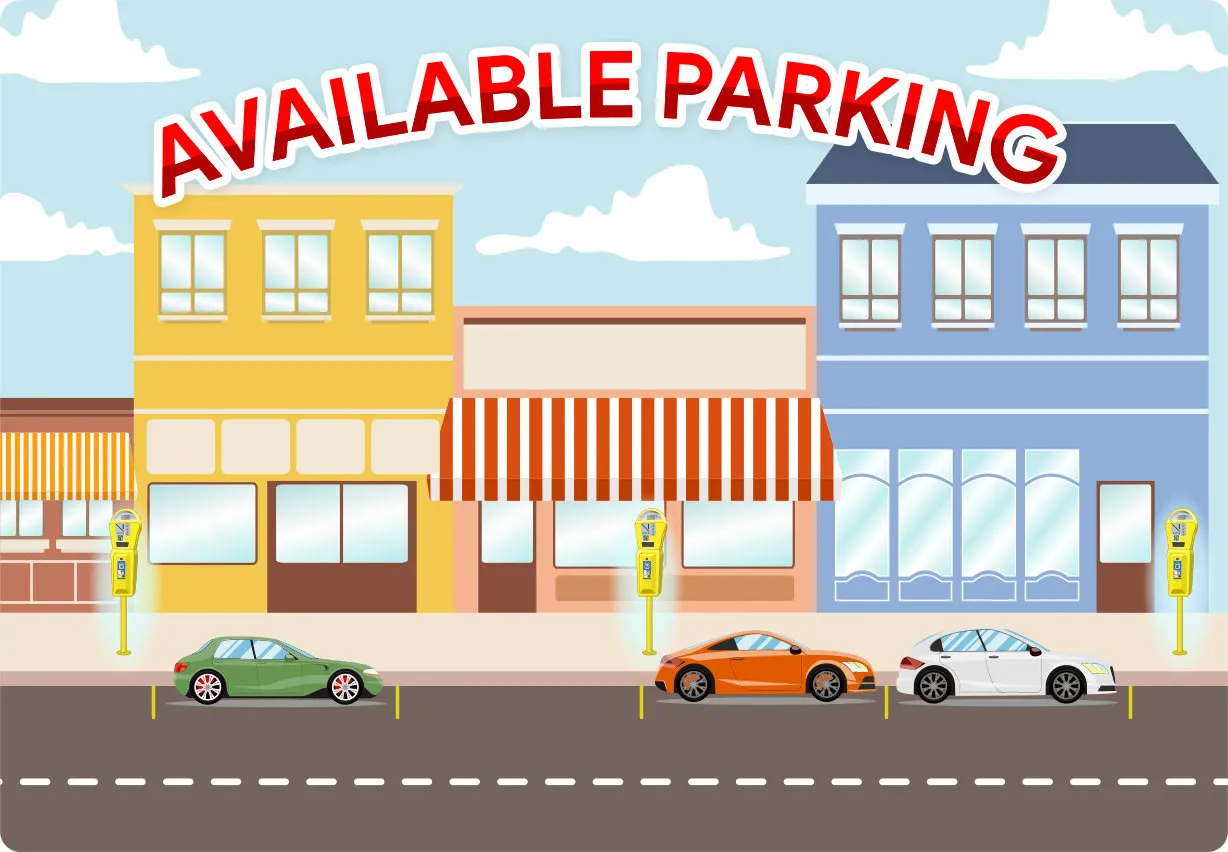 The same street with clearly marked, metered parking bays
