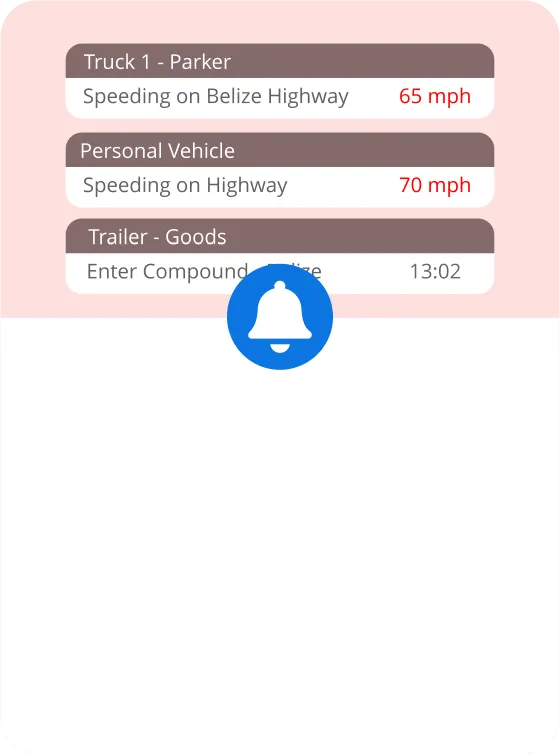 Notification list showing speeding alerts for three vehicles